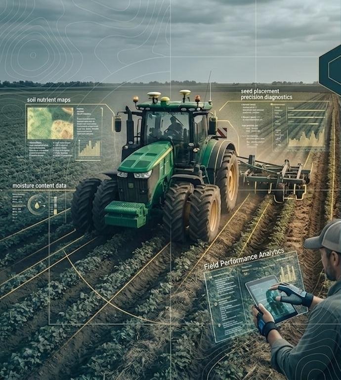Trator em lavoura com sobreposição de dados agrícolas e operador usando tablet